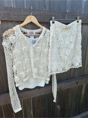 Crochet Lace Shell & Skirt Set in Cream